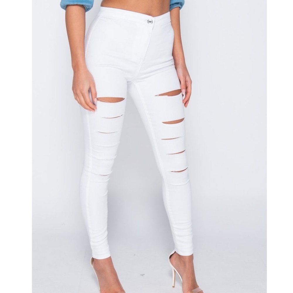 White High Waist Ripped Distressed Skinny Denim Jeggings Pants - Picture 3 of 10